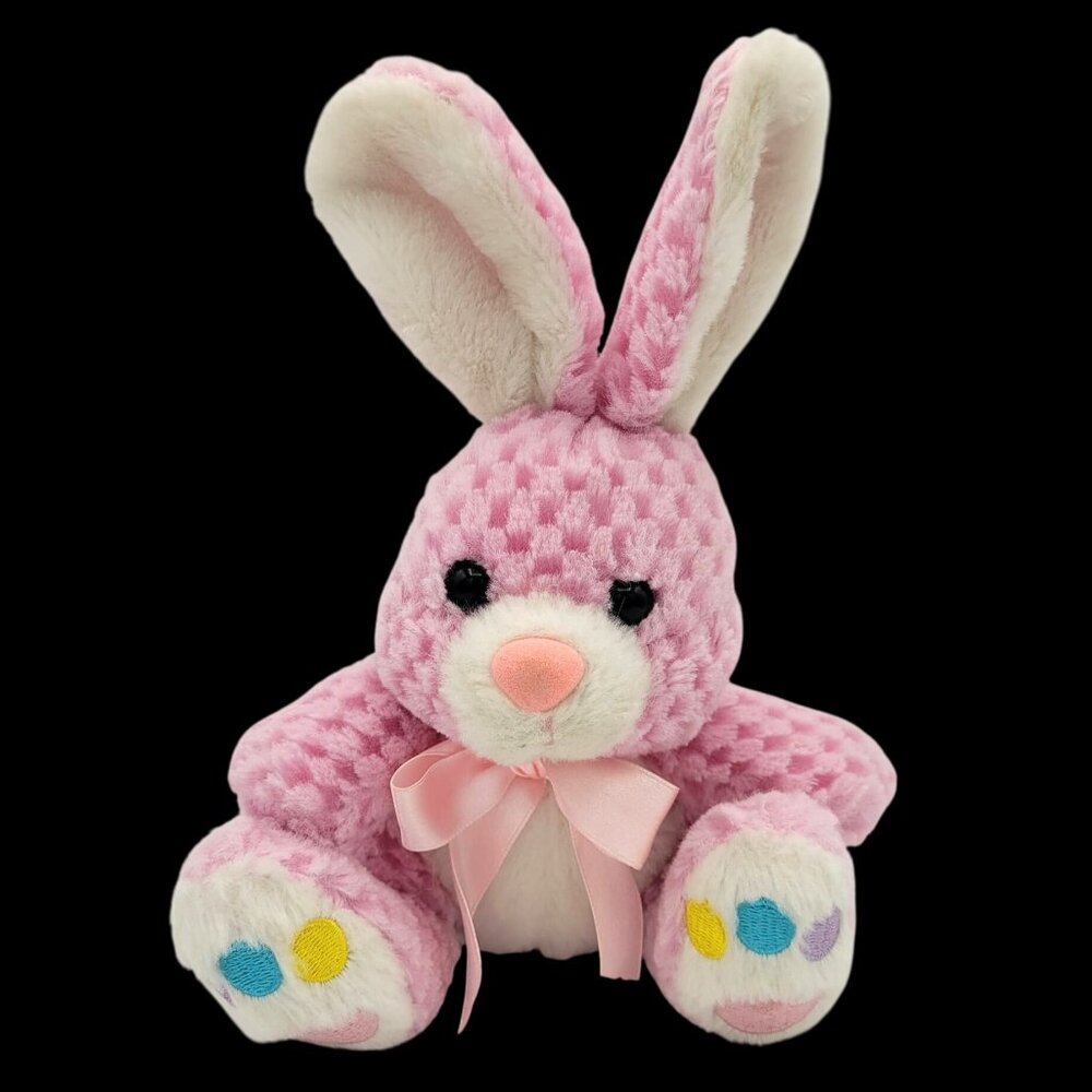 Pink Waffle-patterned Bunny Rabbit Plush Bow White Fur Jellybean Feet 9" Easter